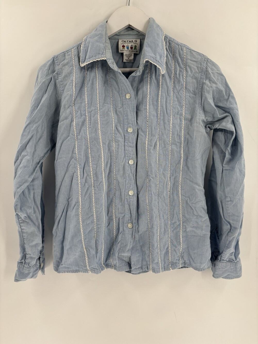 Details Vintage Button Up Shirt Womens Medium Blue White Striped Denim Casual